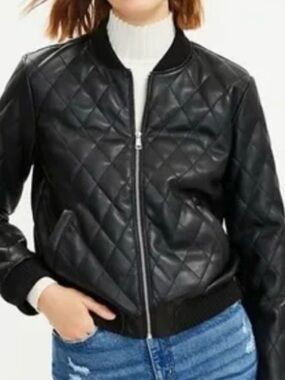 LOFT Black Faux Leather Quilted Long Sleeve Zip Up Bomber Jacket Size Small